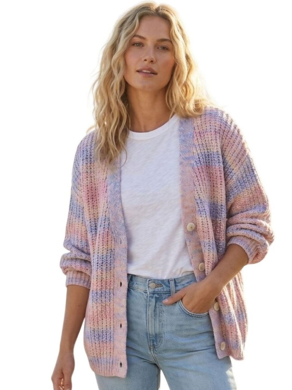 Marine Layer Chunky Knit Pastel Stripe V-neck Cotton Blend Cardigan Size L